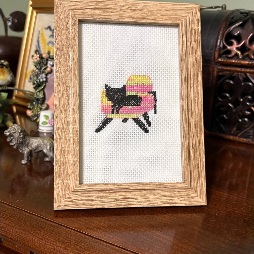 Framed Cat Cross-Stitch Art